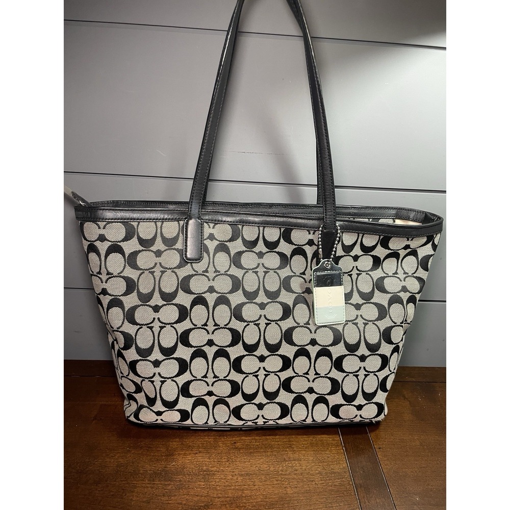 Coach Signature 23465 Weekender Medium Zip Tote Black Khaki Jacquard Bag Purse